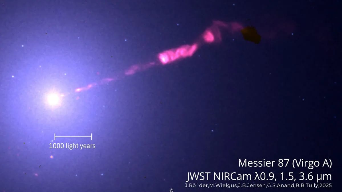 Astronomers using the James Webb Space Telescope have produced the sharpest infrared image to date of the jet emerging from the supermassive black hole at the center of the Messier 87/M87 galaxy. The data reveal new structural details, including a helical form, bright knots, and a faint counter‑jet previously difficult to detect. Researchers used Webb’s NIRCam across four infrared bands, subtracting background light to isolate the jet’s synchrotron emission. Located 55 million light‑years away, M87’s black hole, called M87* (pronounced “M87 star”) was first imaged in 2019. The new observations offer insight into particle acceleration and shock dynamics, advancing studies of how black holes influence galactic environments.