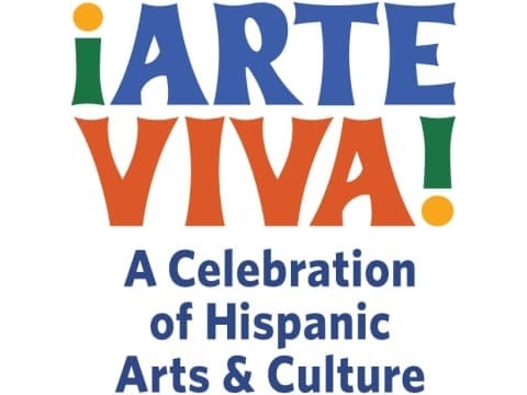 A colorful logo for arte viva, a celebration of hispanic arts and culture.