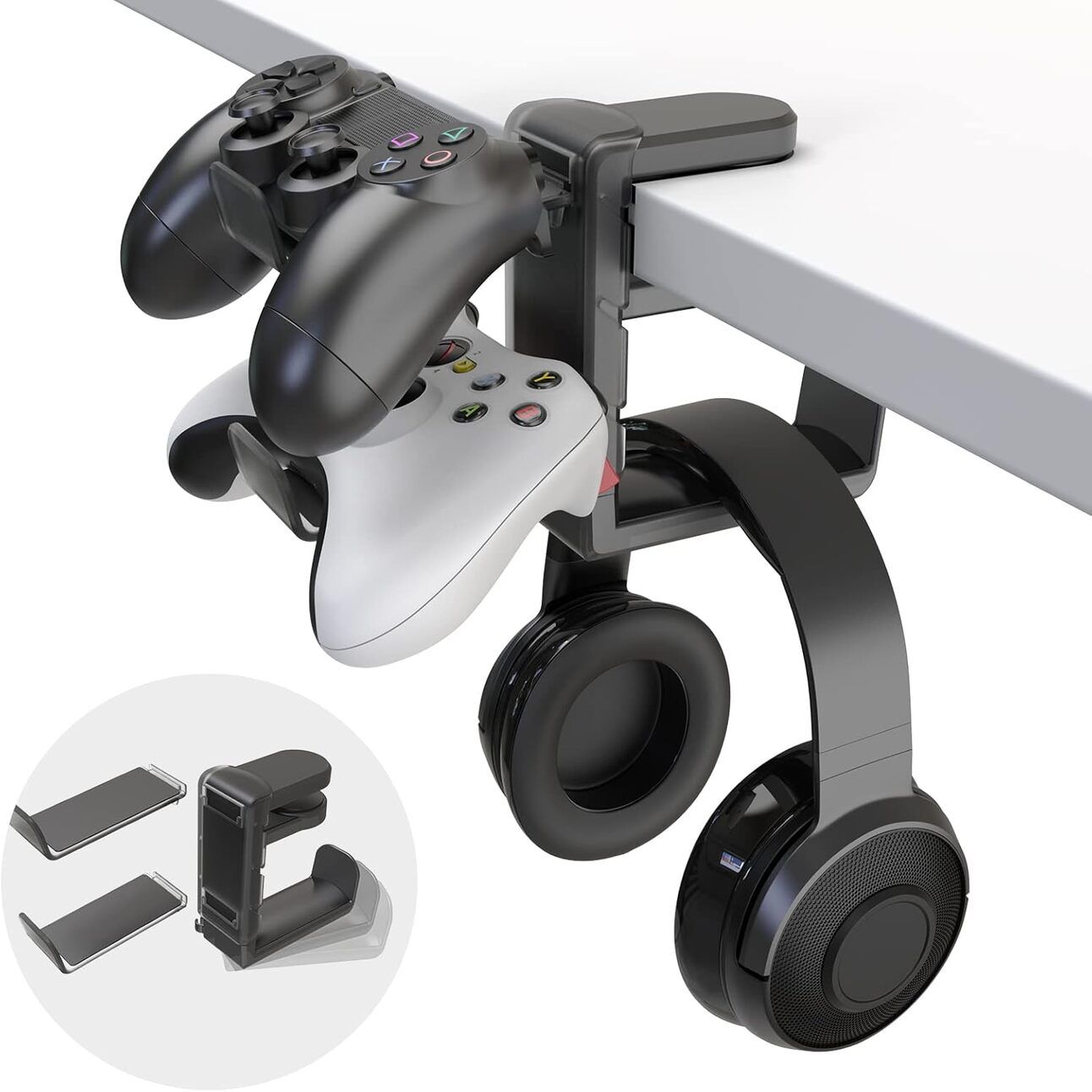 3-in-1 Gaming Stand Alt Text: Multi-purpose stand with mounts for headphones and controllers, plus cable management and adjustable clamp for desks.