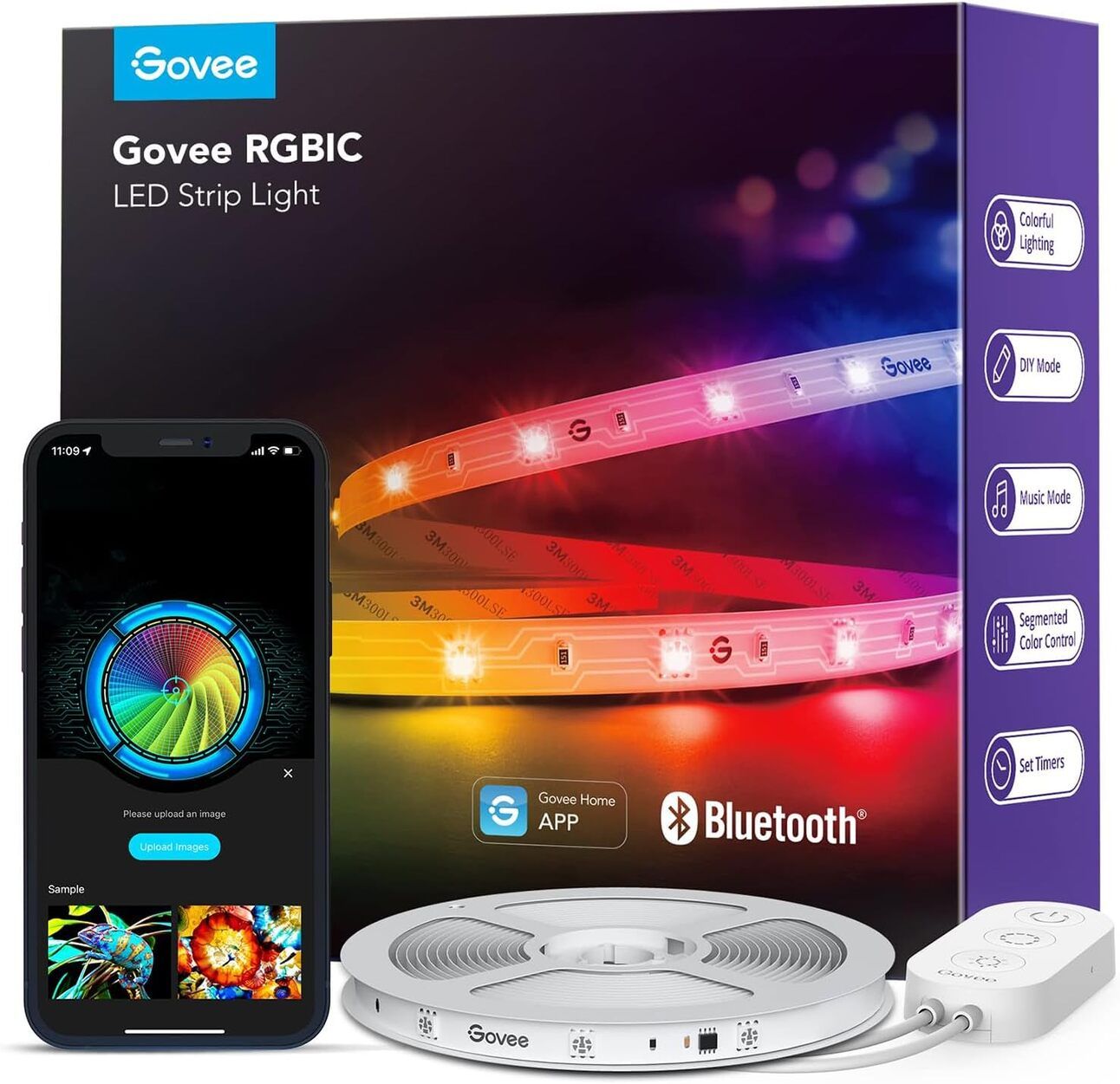 Govee RGBIC LED Strip Lights Alt Text: 16.4ft RGBIC LED light strip with Bluetooth control, music sync, and dynamic color zones for immersive lighting.