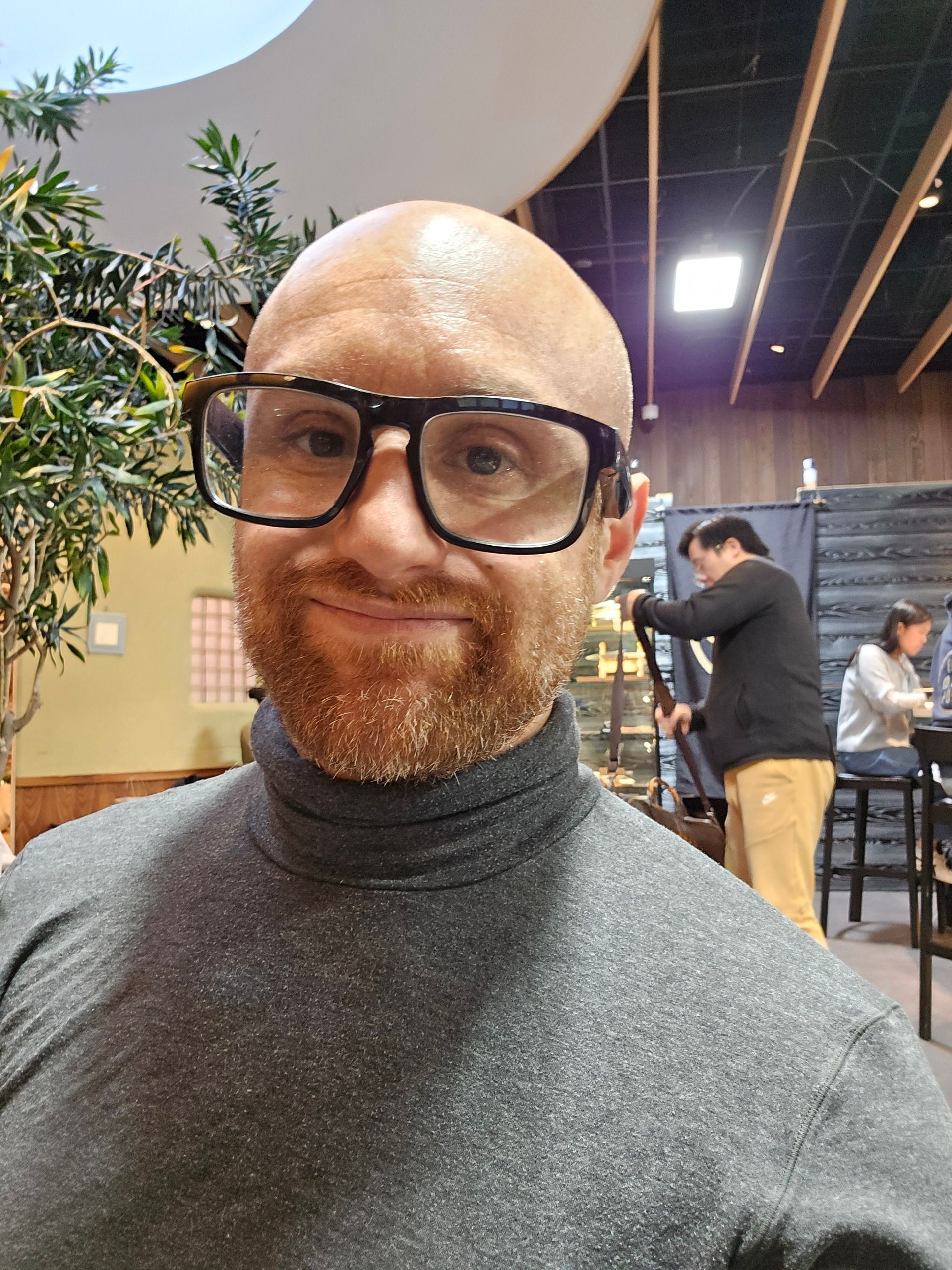 A selfie of me in a Japanese cafe. I'm a bald, middle-aged, white man with a red beard flecked with white. I'm wearing glasses with thick black rims and a grey turtleneck.