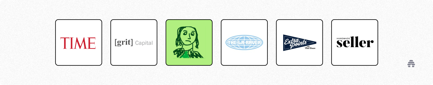 Row of publication and brand logos representing creator newsletters on beehiiv, including TIME, Grit Capital, The LA River, Extra Points, and Handmade Seller, highlighting the platform’s publisher ecosystem.