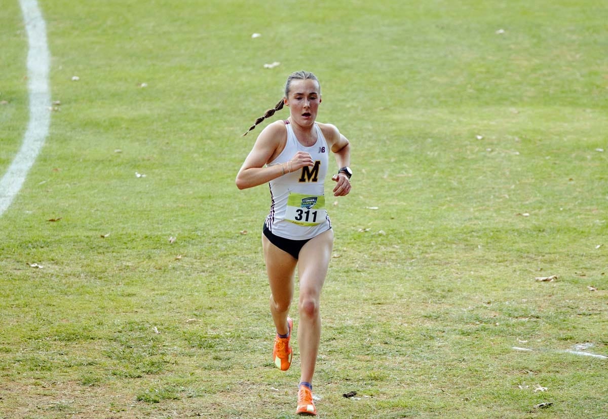 Menomonie's Lauren McCalla has no one around her heading down the stretch of the race.