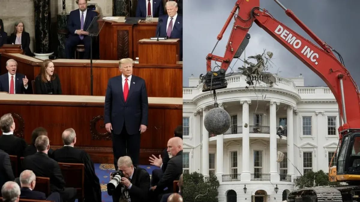 An image shows a white man standing in front of people sitting down next to a crane that says DEMO. INC on it smashing into a large white building.