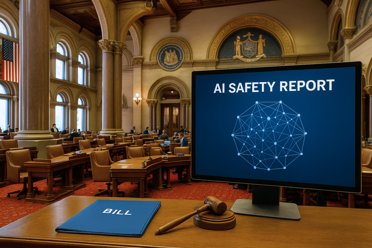 Inside the ornate New York State Assembly chamber, with arched windows and red carpeting, a modern computer monitor sits on a legislative desk displaying the words “AI SAFETY REPORT” above a stylized neural network graphic. In front of the monitor lies a gavel and a blue folder labeled “BILL,” symbolizing legislative action. The chamber’s classical architecture, including granite columns and state emblems, is illuminated by soft daylight, blending the historical setting with contemporary technology oversight.