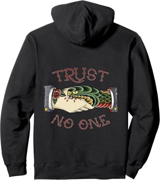 “Trust No One” Hoodie Alt Text: Dark graphic hoodie with “Trust No One” text, shadowy imagery, and barbed wire details for classic GTA street paranoia.