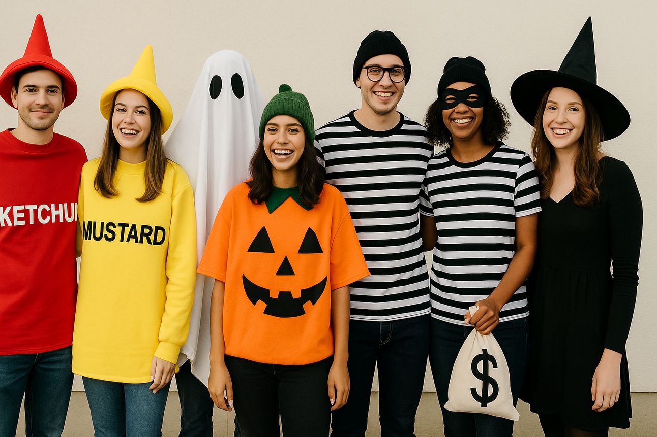 Four couples pose in fun, budget-friendly Halloween costumes against a light wall. Outfits include ketchup and mustard bottles, a ghost and a pumpkin, matching burglars with striped shirts and beanies, and a witch in black. The costumes are playful, DIY-style, and perfect for group celebrations.