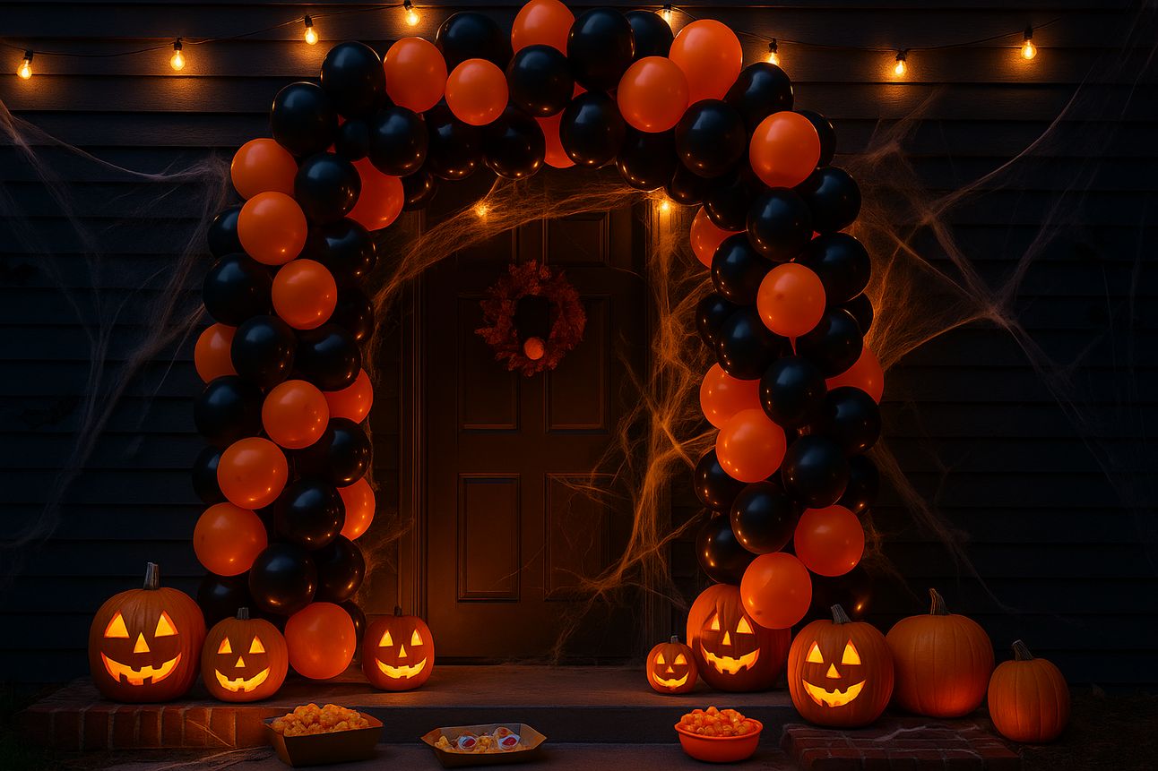 A front porch decorated for Halloween features a large black and orange balloon arch framing the doorway, surrounded by glowing jack-o’-lanterns, warm string lights, and cobwebs stretched across the siding. A fall wreath hangs on the door, and trays of festive party snacks sit on the steps, creating a welcoming and spooky party entryway.