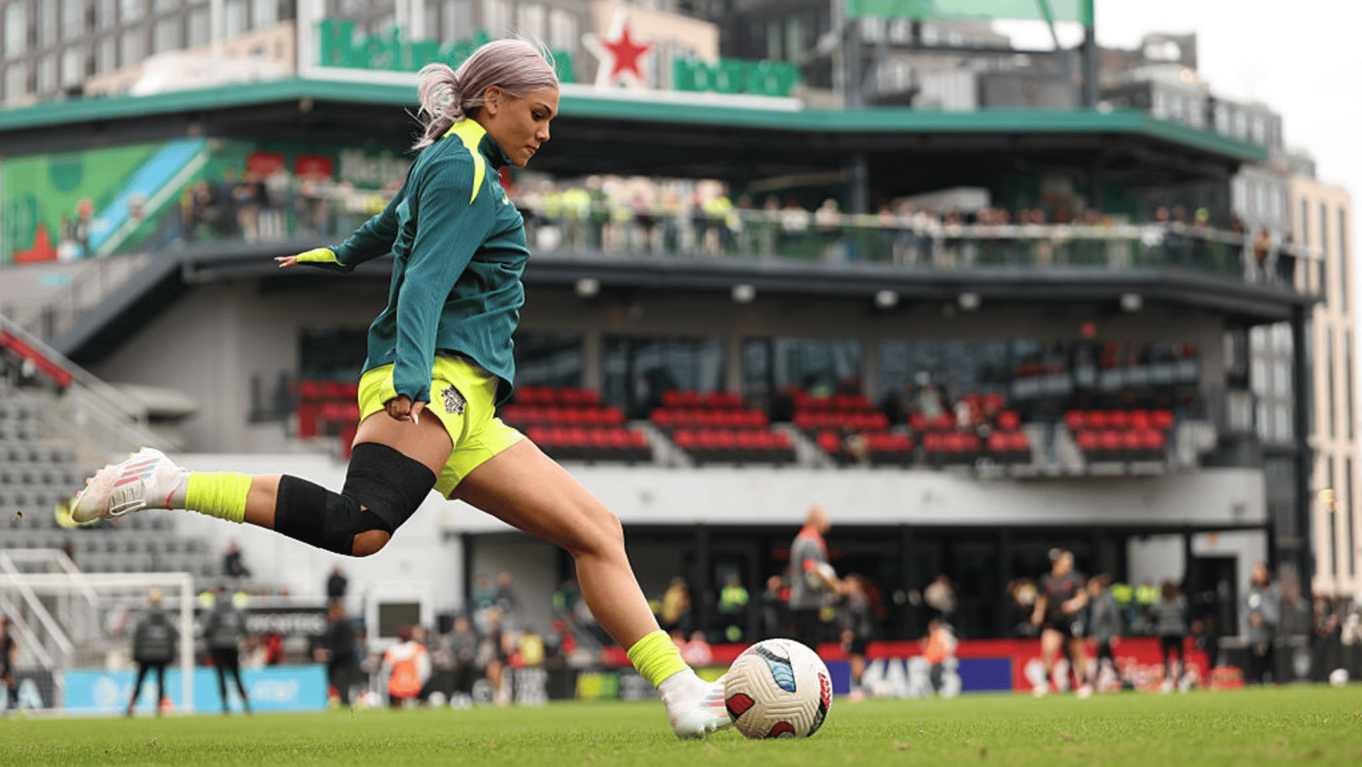 Trinity Rodman #2 of Washington Spirit warms up prior to the NWSL semifinal match between Washington Spirit and Portland Thorns as part of the 2025 NWSL Playoffs at Audi Field on November 15, 2025 in Washington, DC.