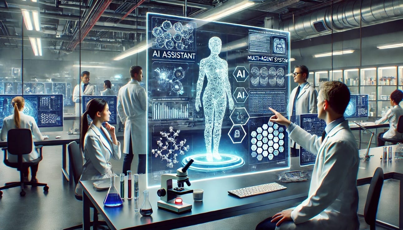 A high-tech laboratory where scientists collaborate with an AI-powered holographic assistant. The AI system displays research data, molecular structures, and scientific hypotheses on a transparent digital screen. One scientist points at the AI’s display while others discuss findings, illustrating AI-assisted scientific discovery in an advanced research environment.