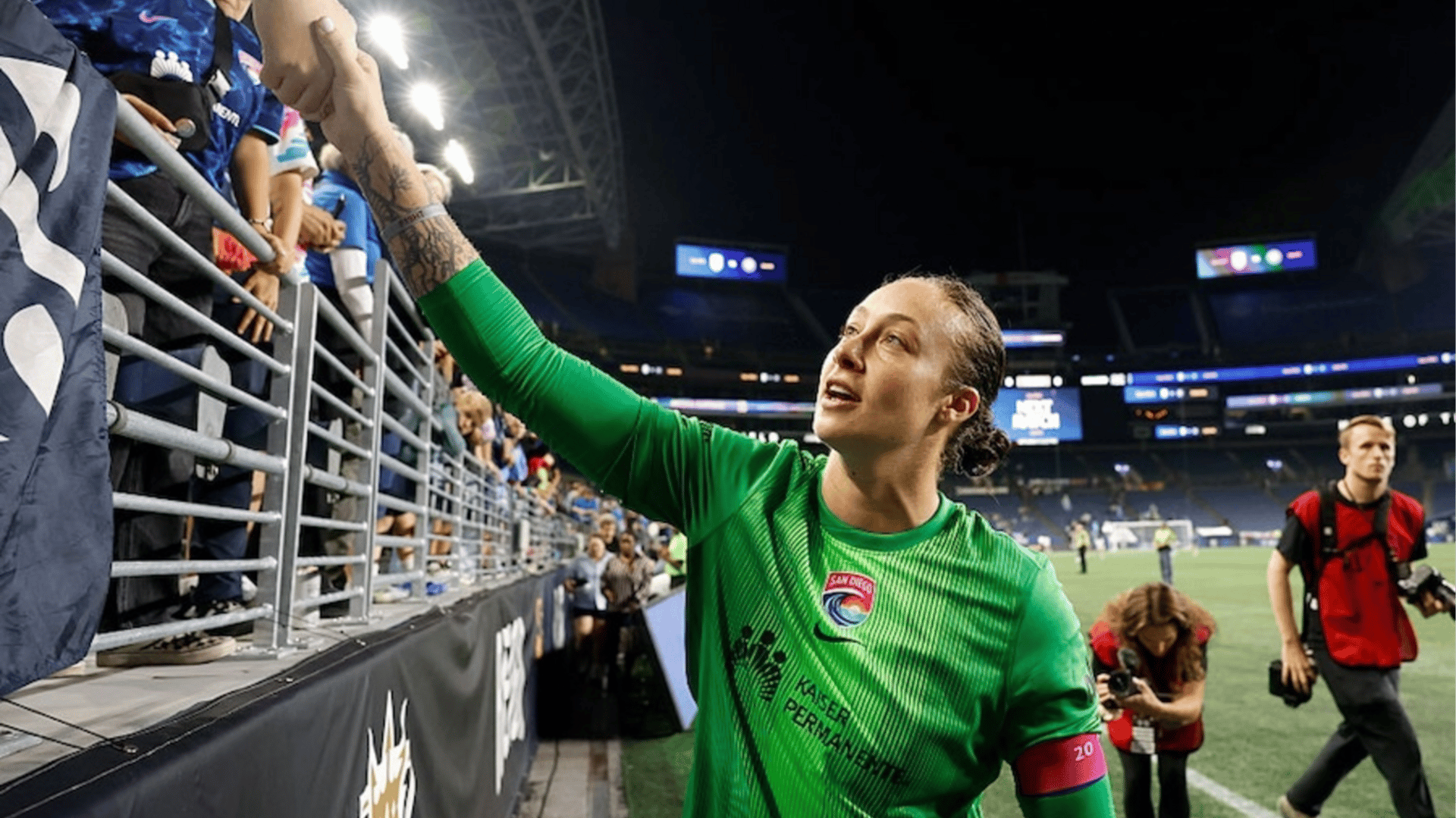 Kailen Sheridan #1 of San Diego Wave FC greets fans after the NWSL match between Seattle Reign and San Diego Wave