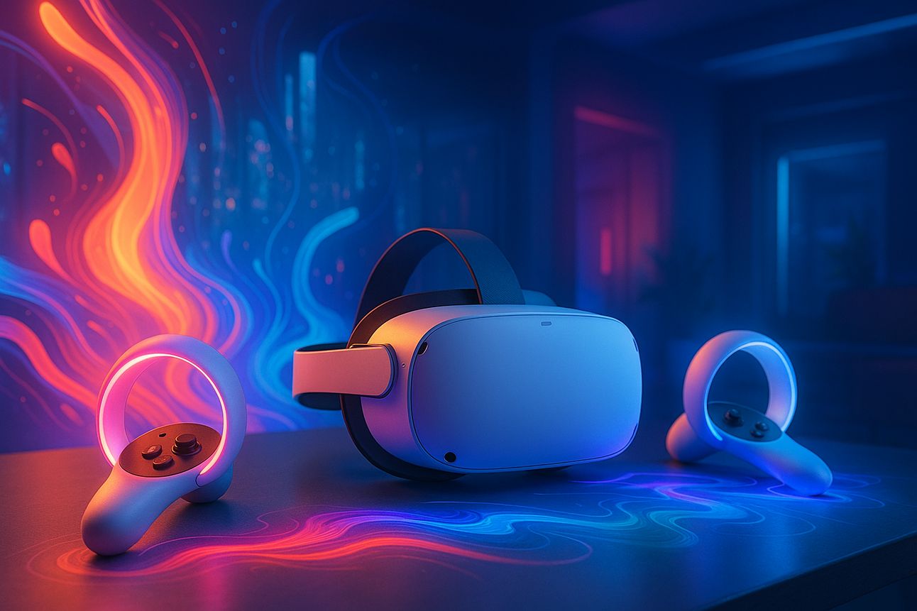 Wide-angle shot of a sleek, modern VR headset (like a Meta Quest 3) on a table, with glowing controllers positioned as if interacting with a vibrant, abstract virtual environment that blends seamlessly into a dimly lit, futuristic-looking room, emphasizing mixed reality, no text, 16:9 aspect ratio, neon and ambient lighting, high-tech aesthetic.