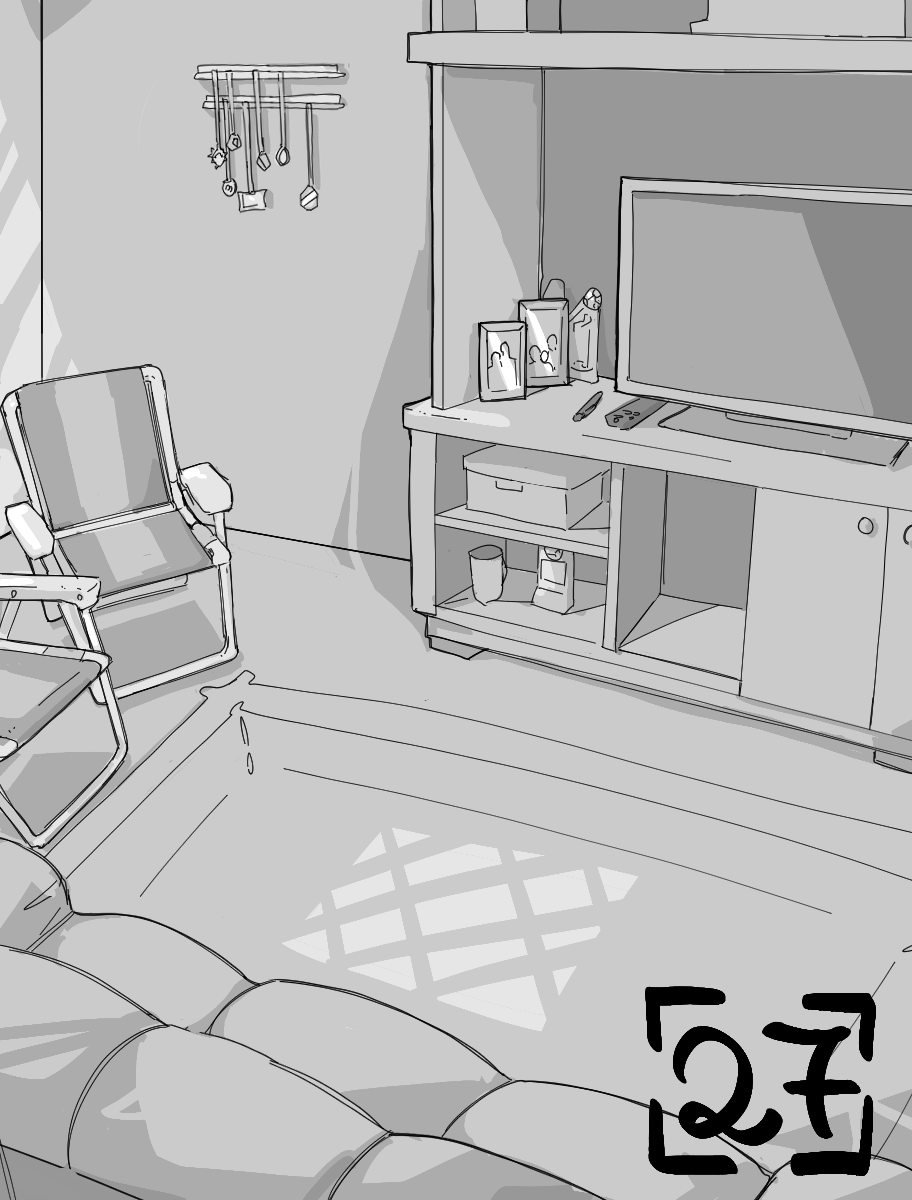 Desenho monocromático. O desenho mostra uma sala de estar com um sofá de três lugares, duas cadeiras de praia. À frente do sofá está uma estante com televisão e porta-retratos com múltiplas pessoas. Na parede ao lado do móvel há um porta medalhas cheio de medalhas. No canto inferior direito há o número vinte e sete para indicar o capítulo.