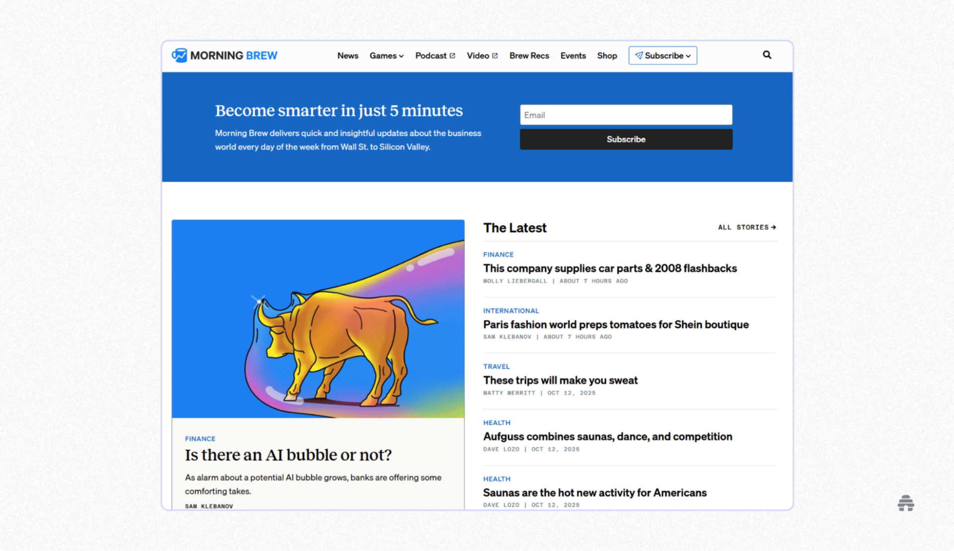 Morning Brew homepage featuring a newsletter signup banner inviting readers to “Become smarter in just 5 minutes,” with trending stories on AI, finance, fashion, travel, and health.