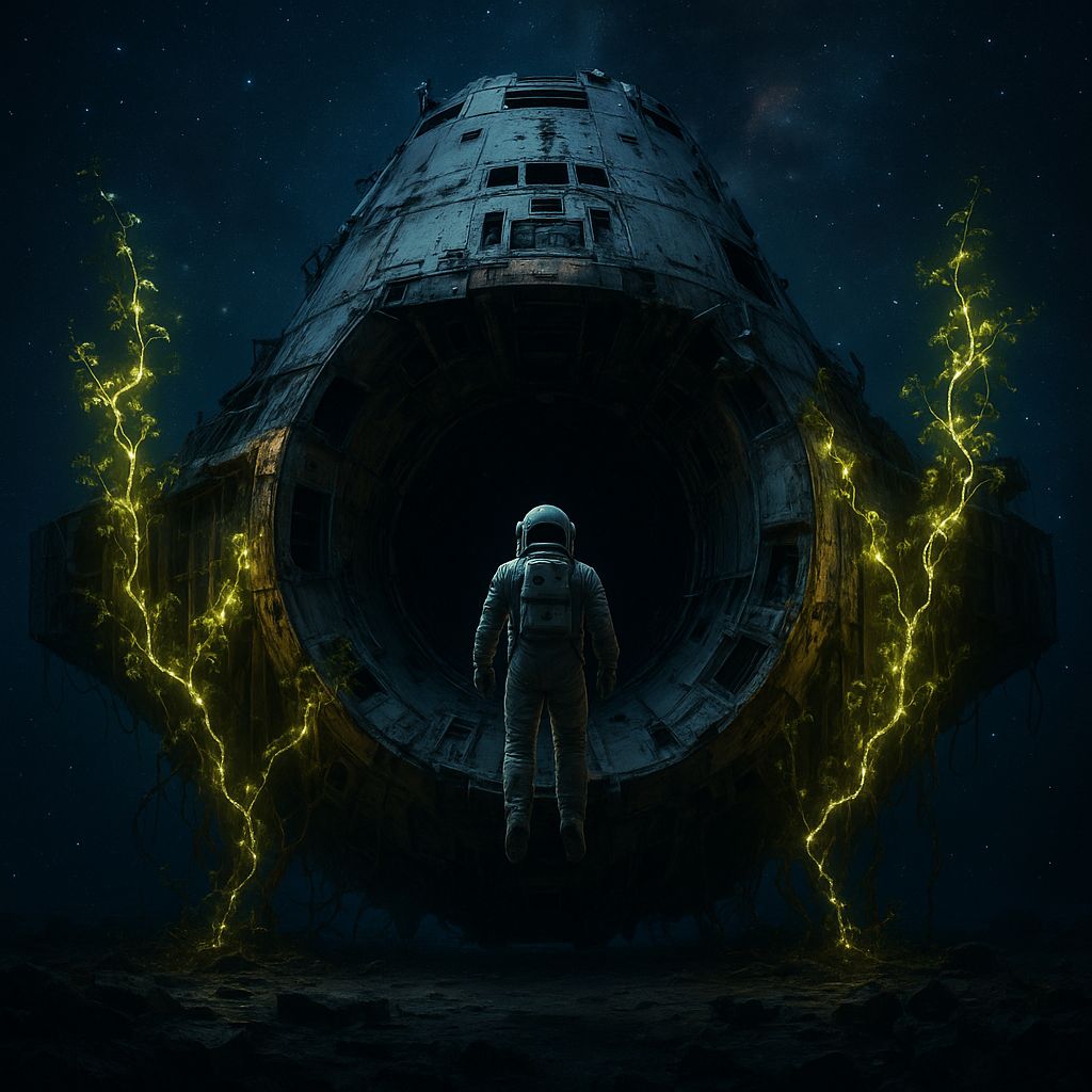Wide shot with a symmetrical layout of a derelict spacecraft covered in glowing vines and an astronaut floating directly in front, set against a cosmic backdrop.