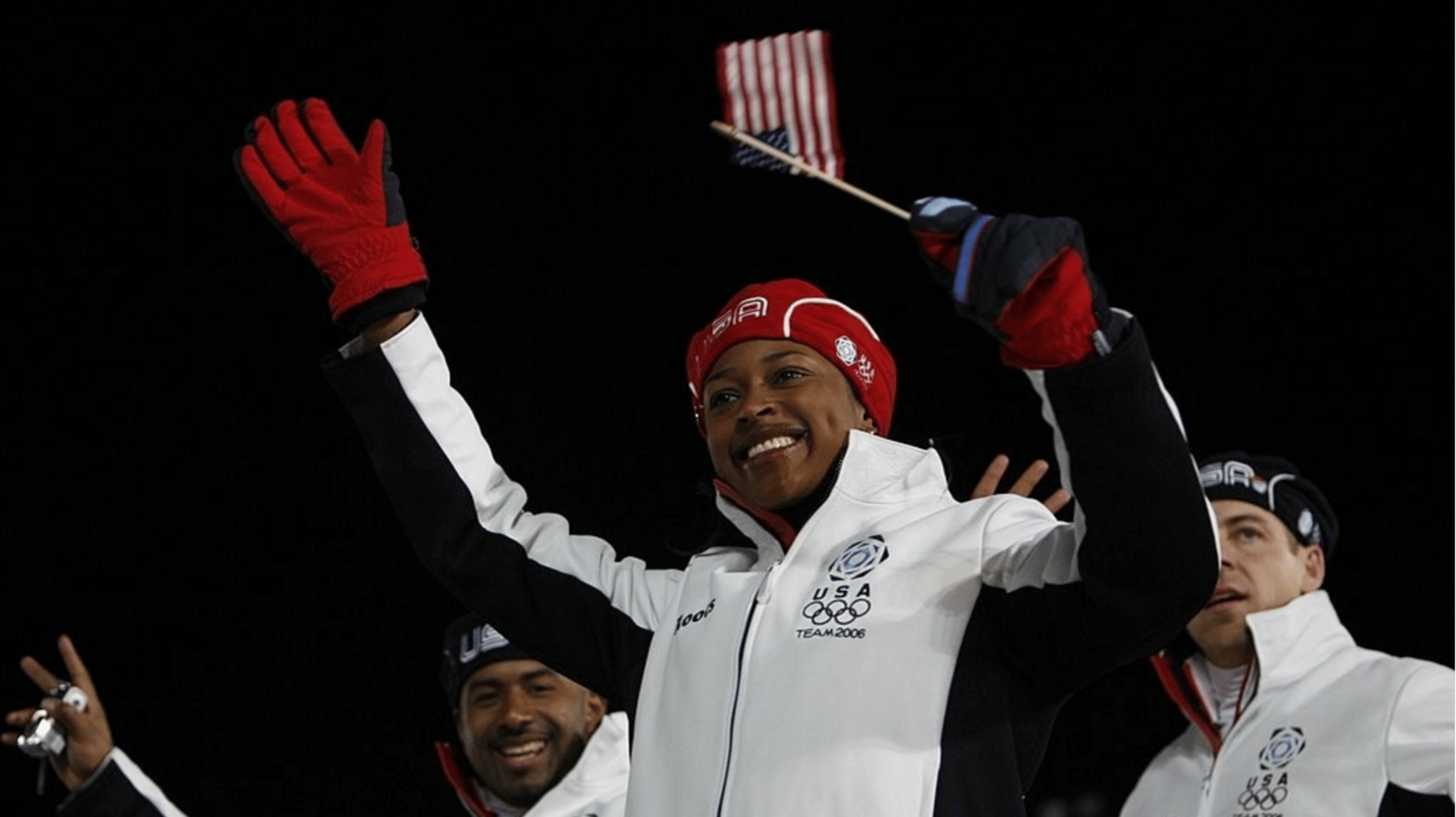 Opening Ceremony: 2006 Winter Olympics, Closeup of USA bobsleigh athlete Vonetta Flowers entering stadium with team before games