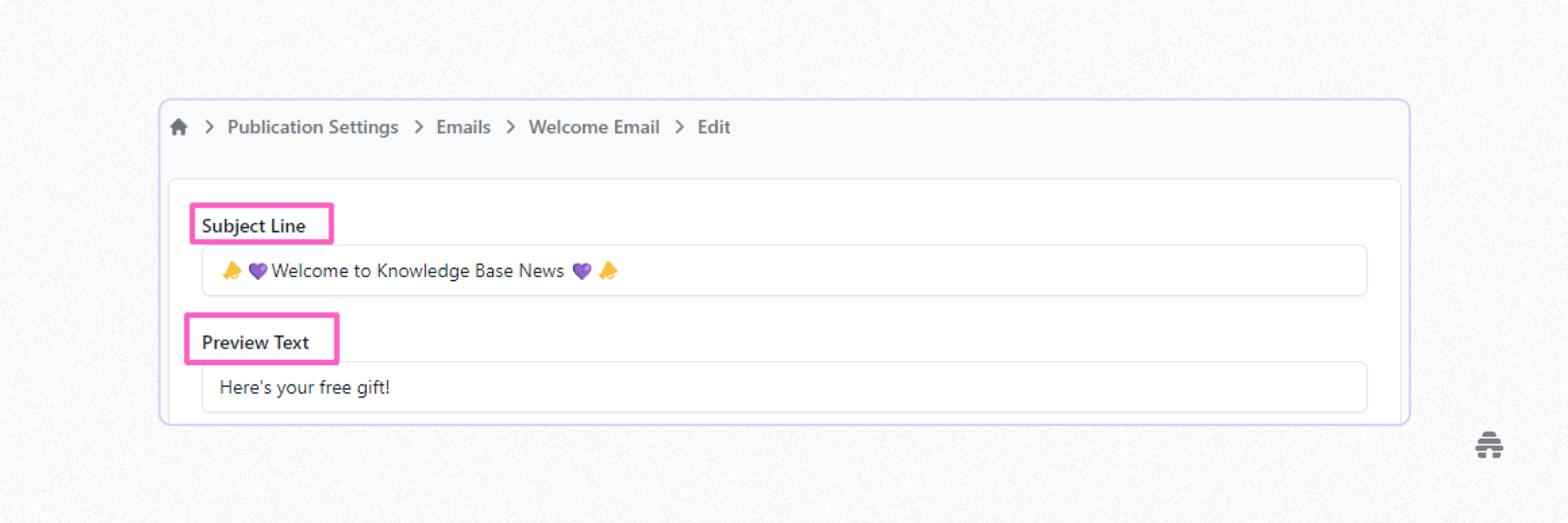 beehiiv welcome email settings screen highlighting the subject line and preview text fields. Shows how newsletter creators customize first-impression emails to improve opens and engagement.