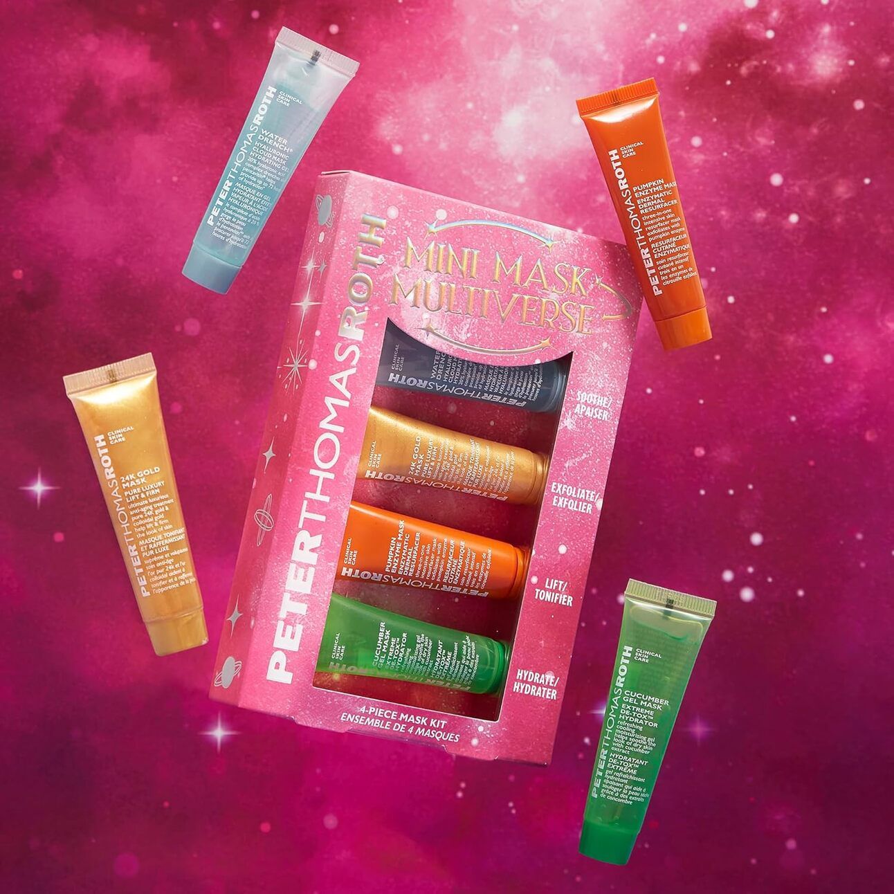 Peter Thomas Roth Masking Minis Set of mini face masks in bright jars featuring a variety of colors and textures, arranged neatly for a spa-night aesthetic.