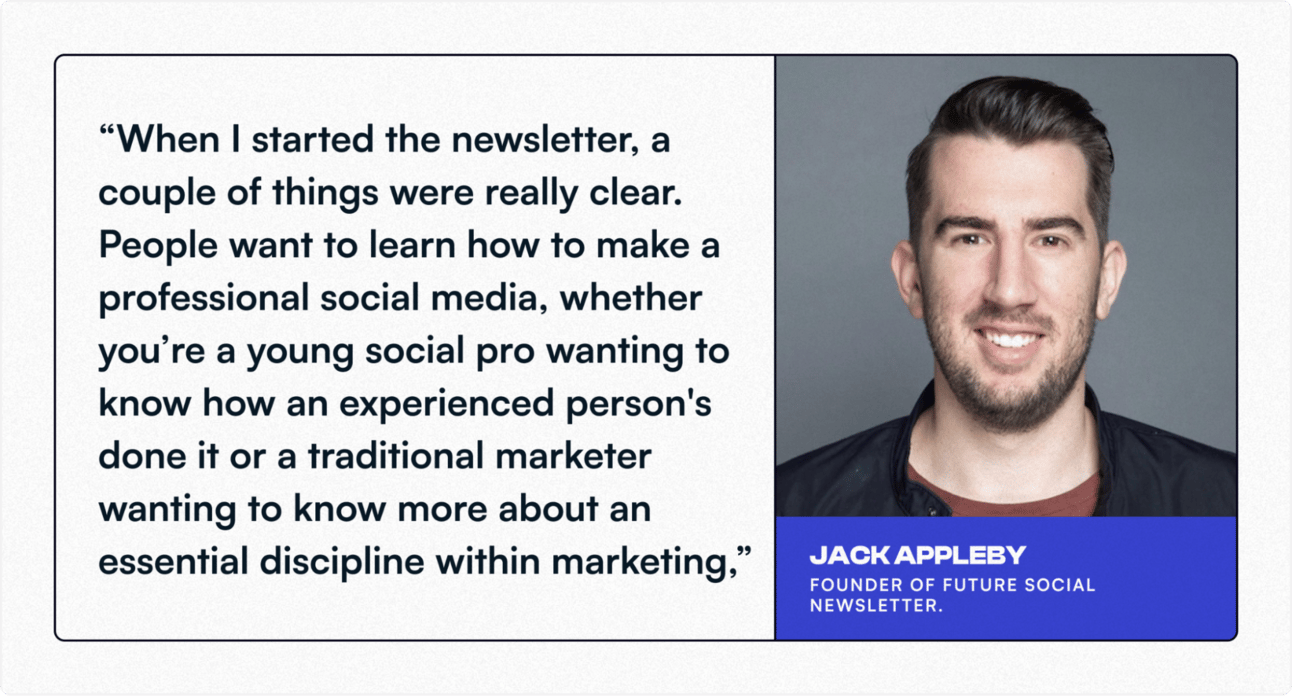Quote from Jack Appleby, founder of the Future Social newsletter, discussing why creators and marketers want to learn professional social media strategies. Graphic includes the quote alongside a headshot of Appleby highlighting creator-focused newsletter insights.