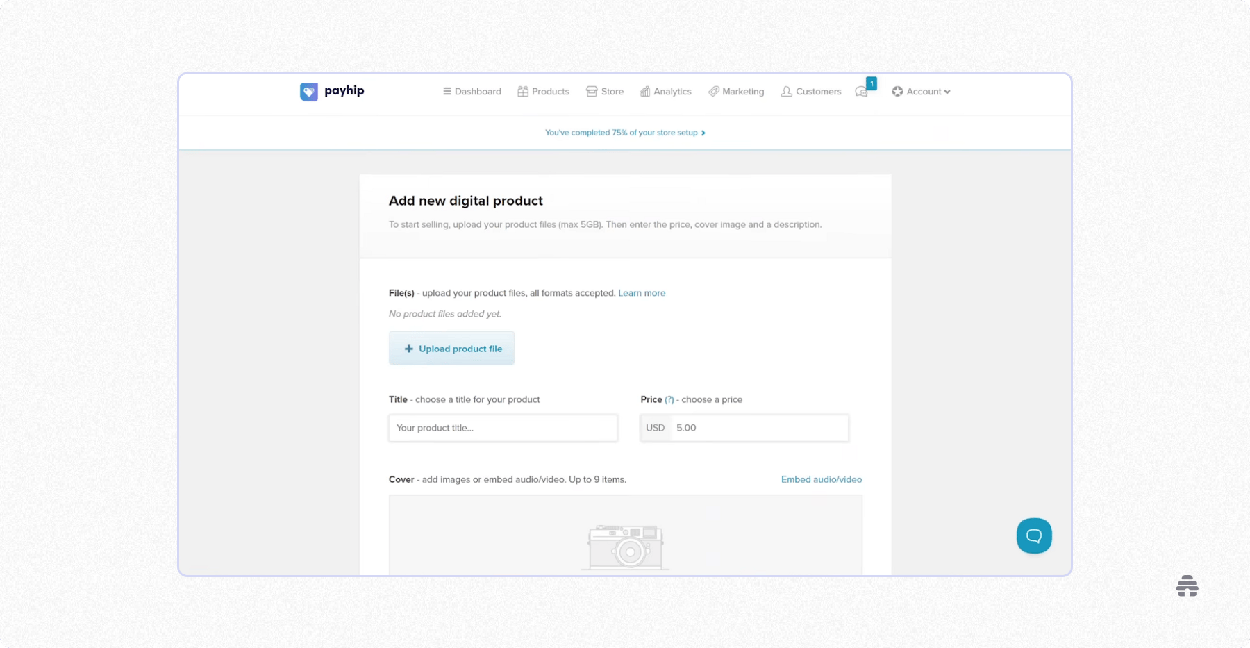 Payhip dashboard for adding a new digital product, with fields for file upload, pricing, title, and media to sell downloads or digital content.