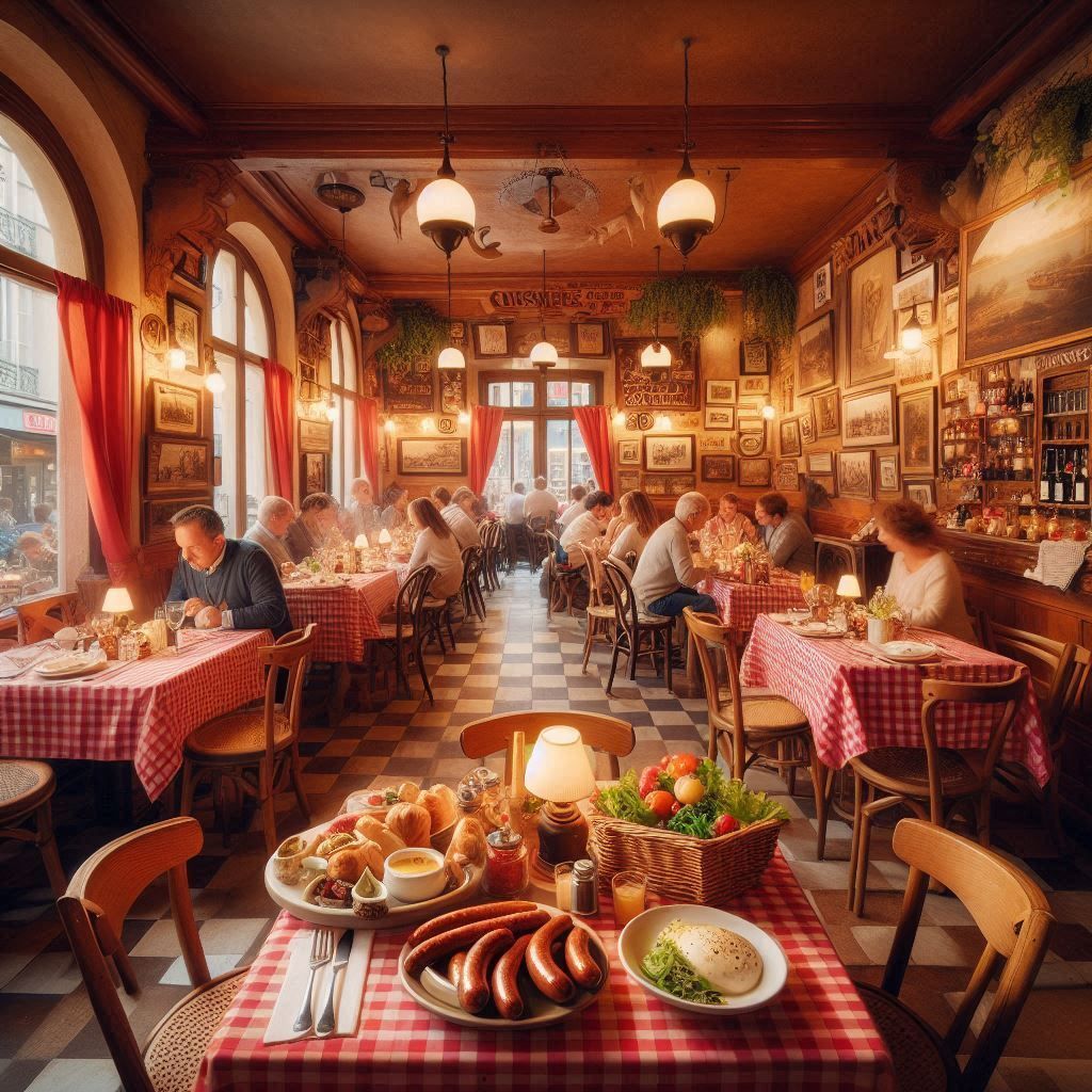 Interior of a traditional Lyon bouchon with checkered tablecloths and plates of quenelles and tablier de sapeur