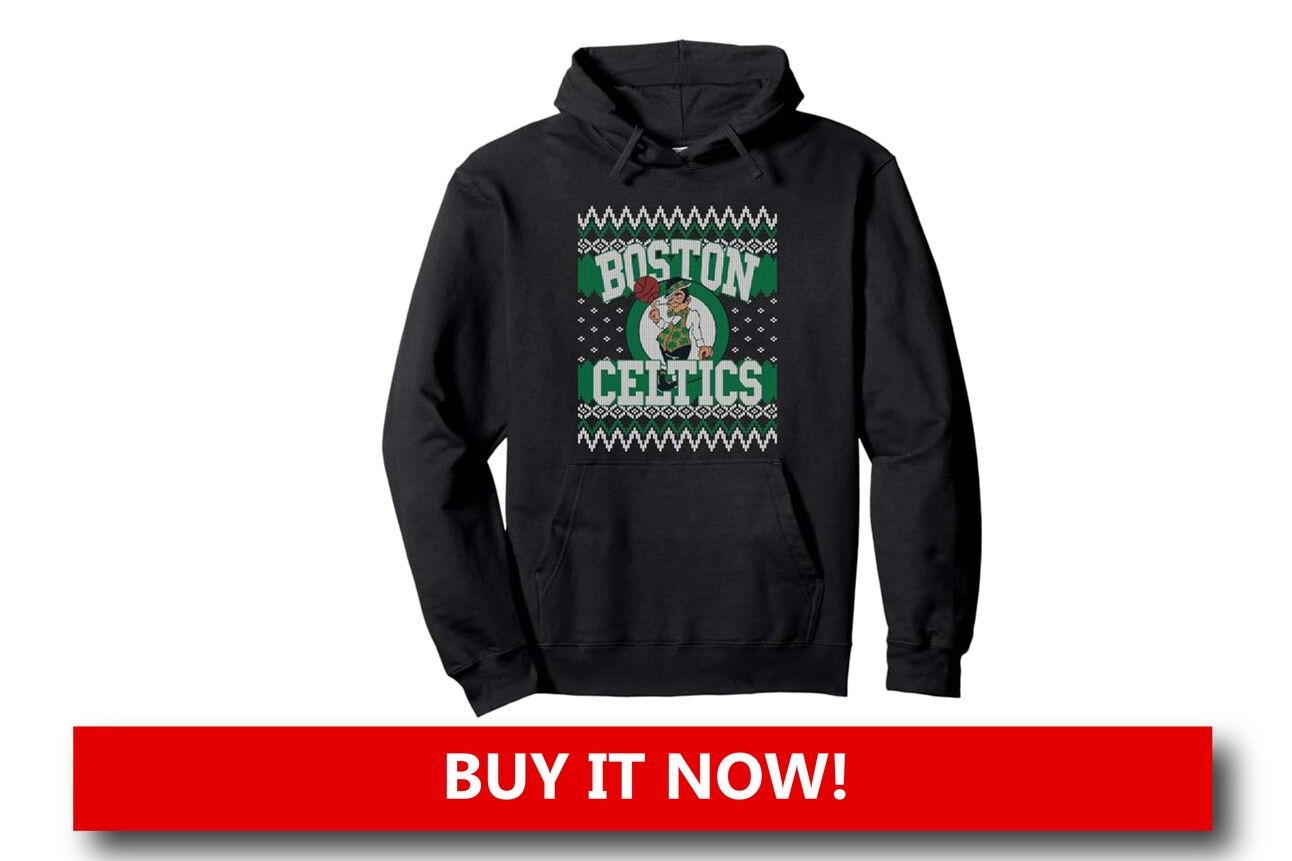 Boston Celtics Ugly Christmas Sweater Alt text: "Festive green Boston Celtics Ugly Christmas sweater decorated with shamrocks, leprechauns, and the iconic Celtics logo."