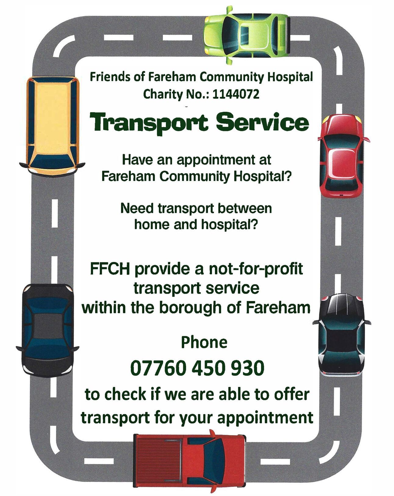poster for transpot service, with cars and a road circling the text