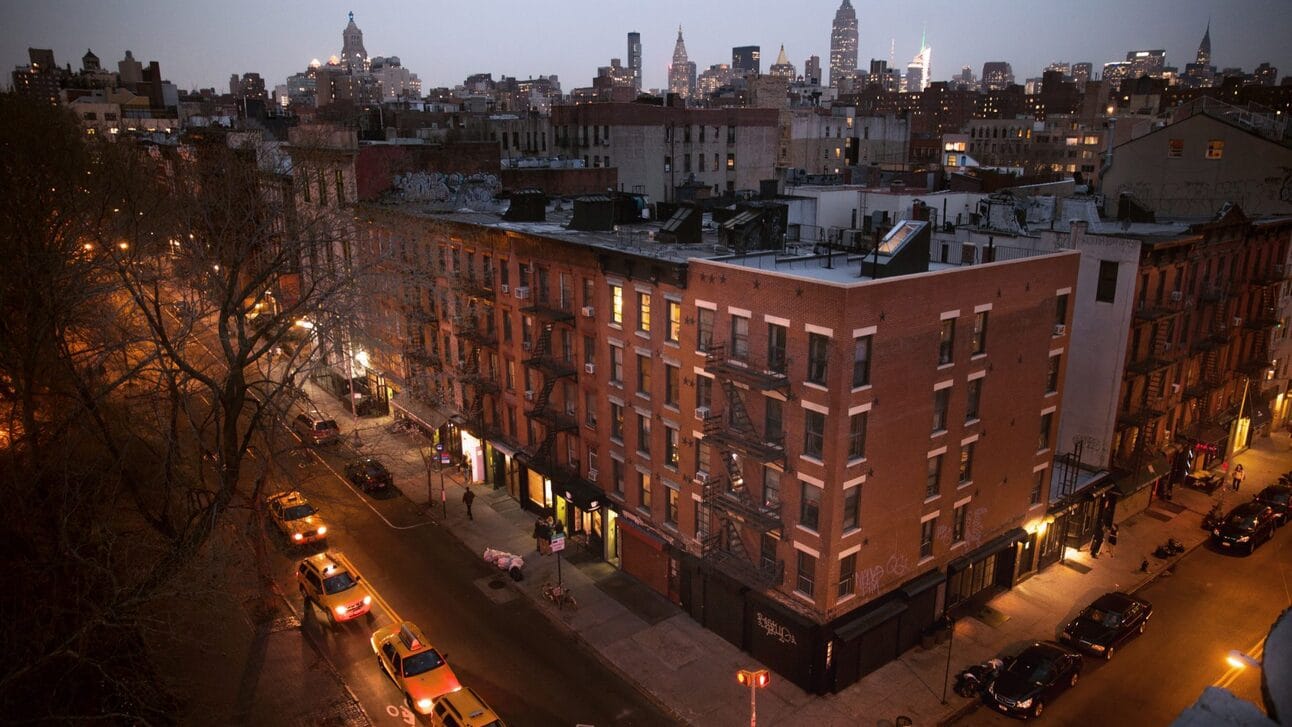 an aerial view of the East Village in NYC at night