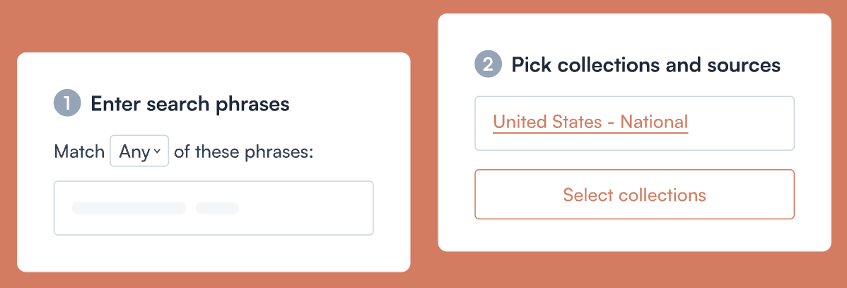 Screenshot of a search interface on an orange background. On the left, a box labeled '1. Enter search phrases' with a dropdown to match 'Any' of the entered phrases. On the right, a box labeled '2. Pick collections and sources' with 'United States - National' selected and a button labeled 'Select collections.'