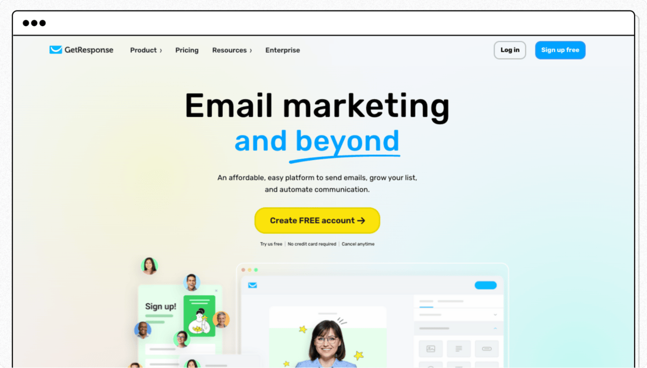 GetResponse homepage highlighting “Email marketing and beyond,” promoting tools to send emails, grow subscriber lists, and automate marketing communication for businesses and creators.