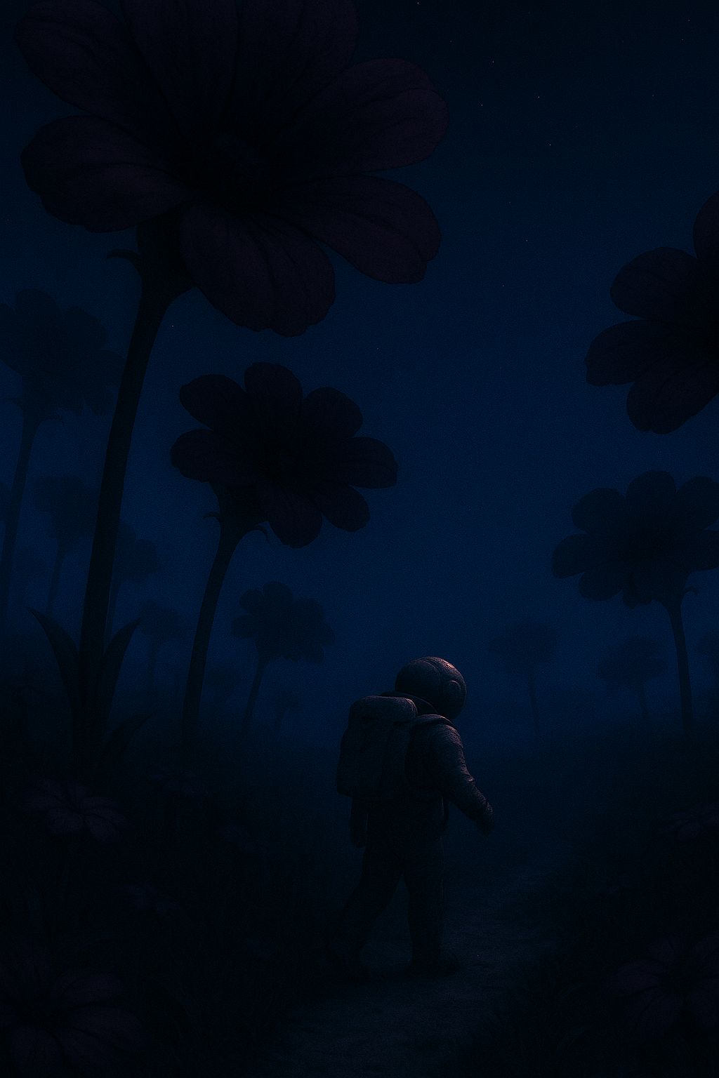 Lone astronaut walking along dark path through meadow of enormous plum-colored alien flowers under deep midnight blue starry sky, somber melancholic scene