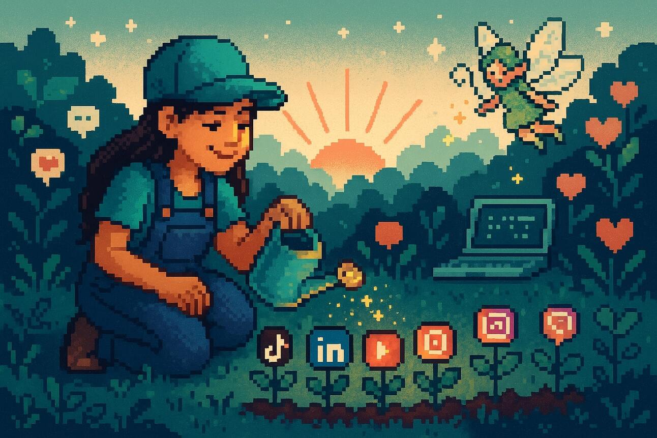 A 16-bit pixellated image of a person watering their garden. The "flowers" in the garden are logos of major social media platforms, though. 