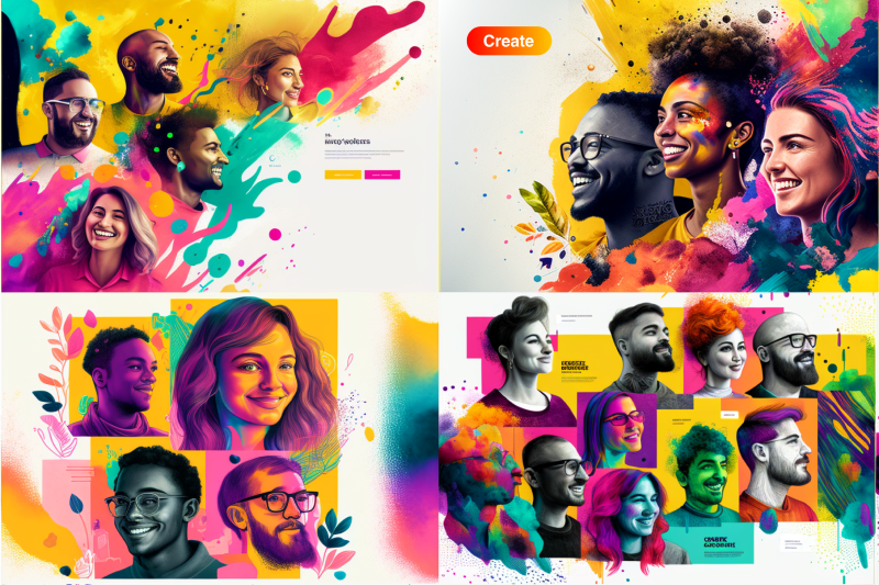 4 images showing variations of website page layouts featuring colorful illustrations of a diverse and inclusive design team with smiling hopeful faces, with colorful splashes of paint as abstract elements