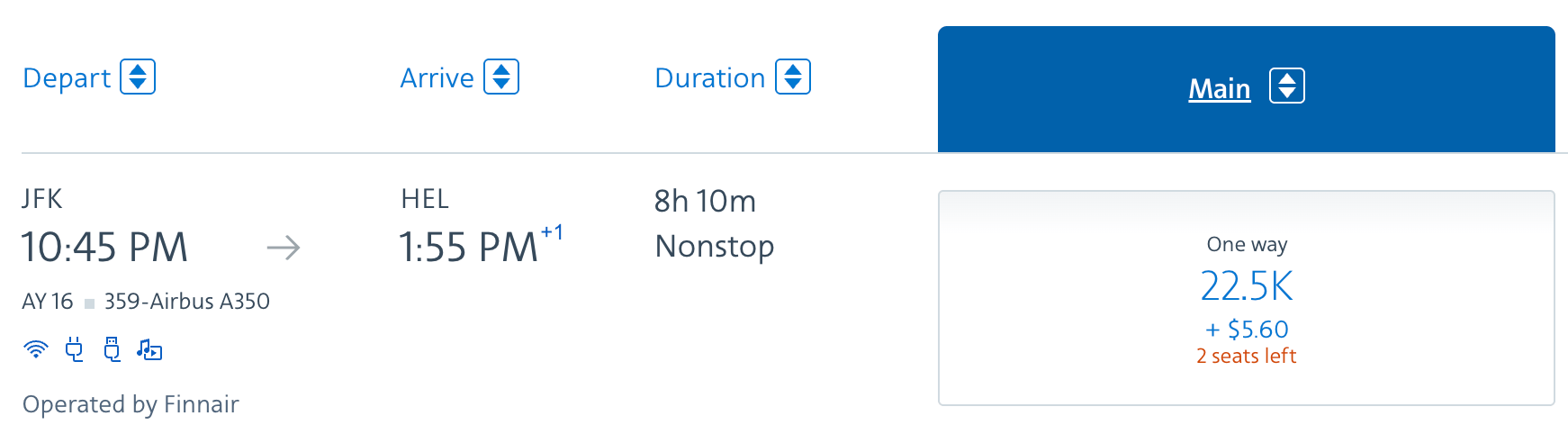 New York to Helsinki for 22,500 miles in economy