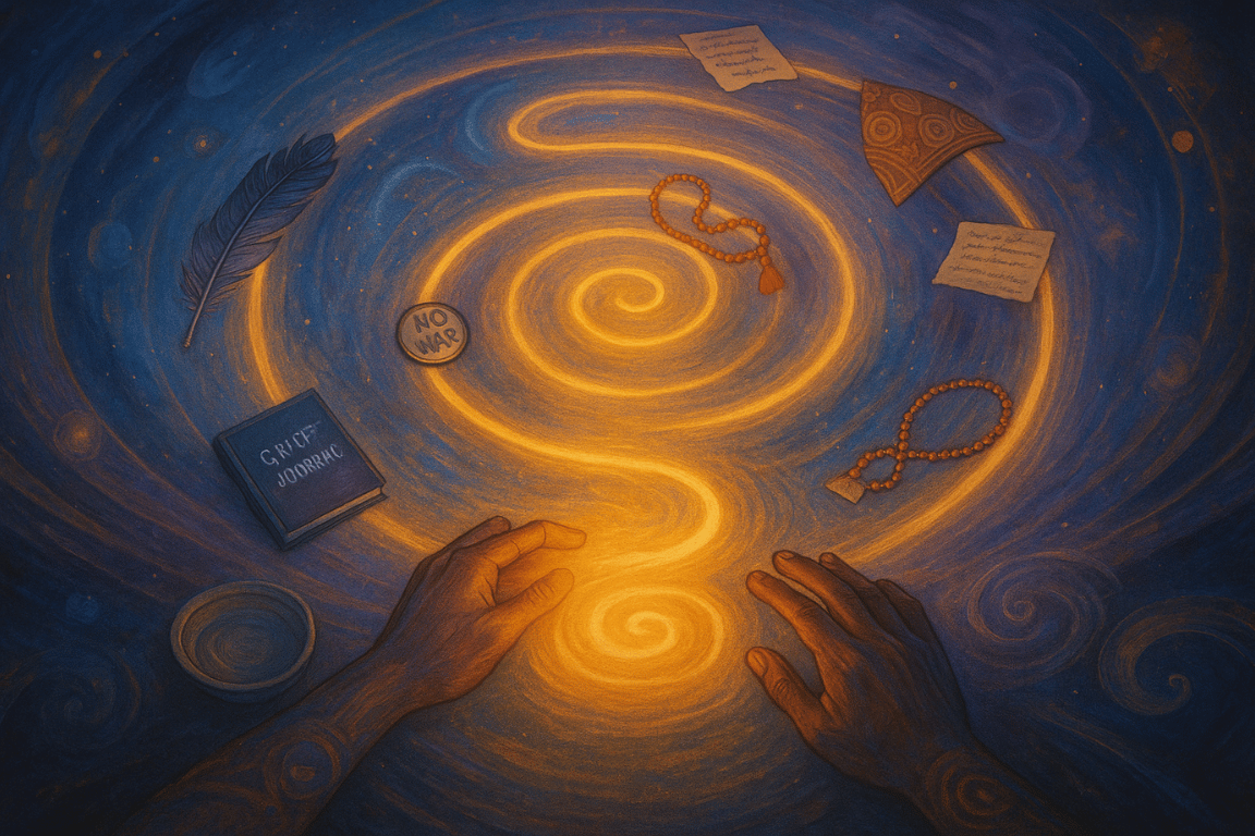A visual spiral of healing marked by feathers, protest tokens, and journals—each loop representing deeper liberation and dignity.
