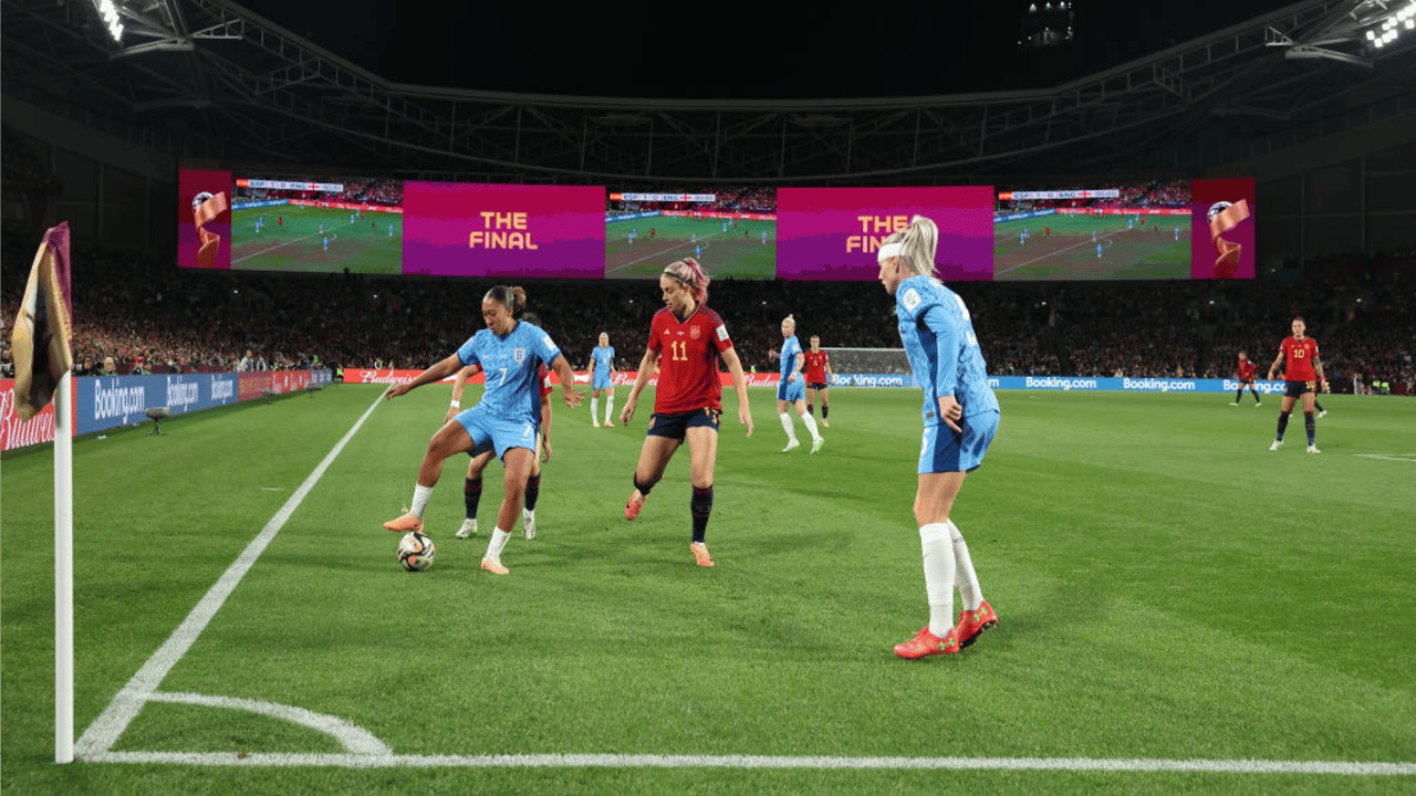Lauren James of England dribbles the ball during the FIFA Women's World Cup Australia & New Zealand 2023 Final match between Spain and England at Stadium Australia on August 20, 2023 in Sydney, Australia.