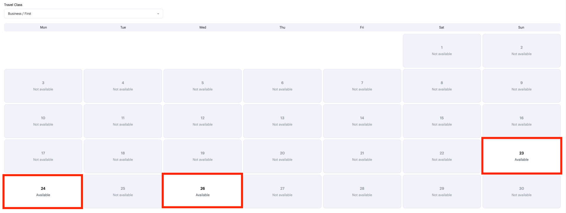 Qatar business-class award calendar view