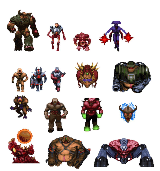 Several image sprites of enemies from Doom