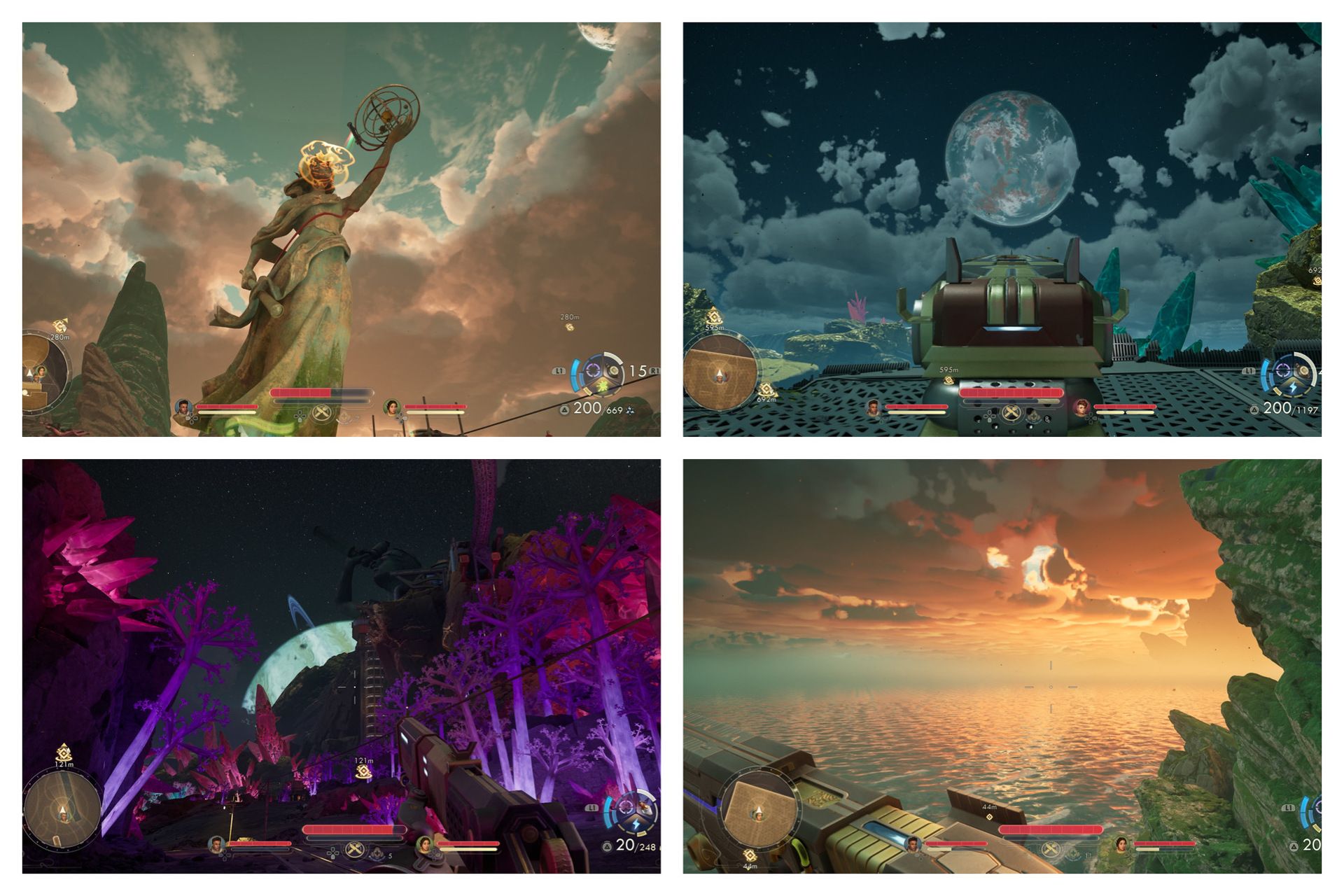 Four images, showing different views of the sky — one pale blue with pink clouds, one at night with the full moon peaking between grey-blue clouds, one at night with a glowing ringed planet behind glowing purple-pink plants, and one glowing sunset over the water.