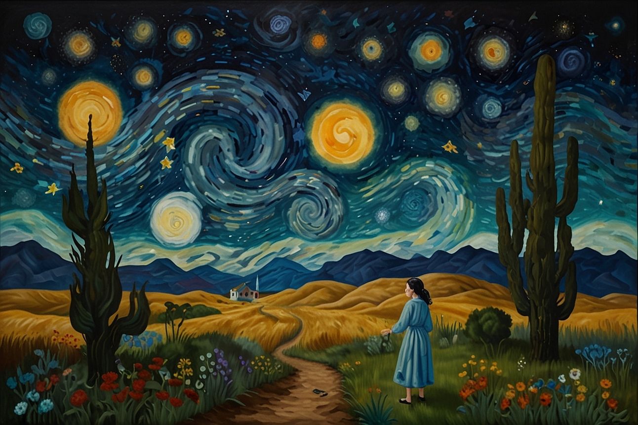 A VanGogh style image of a woman walking along a path towards a village 