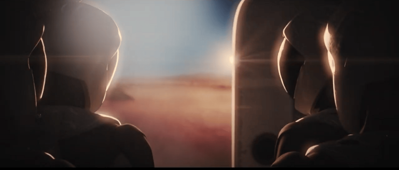 Silhouettes of astronauts inside Starship looking out through the opening door at the red Martian landscape stretching to the horizon under an alien sky.