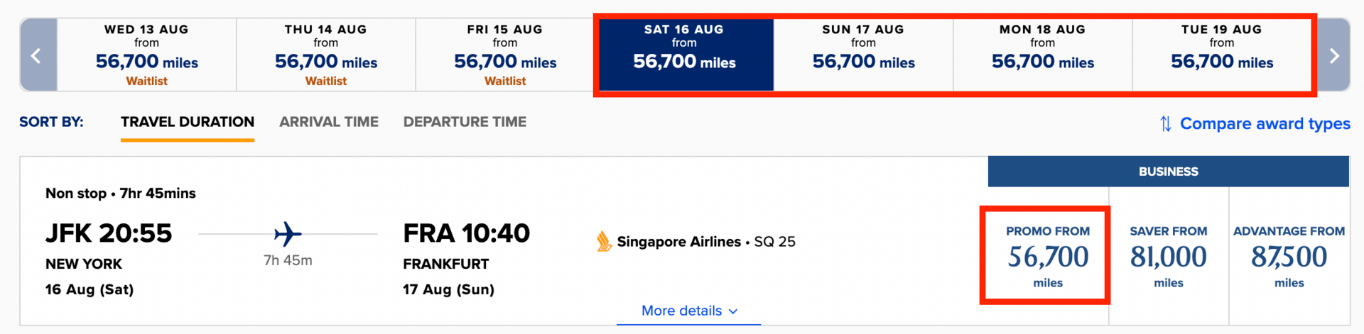 New York to Frankfurt for 56k Singapore miles in business class