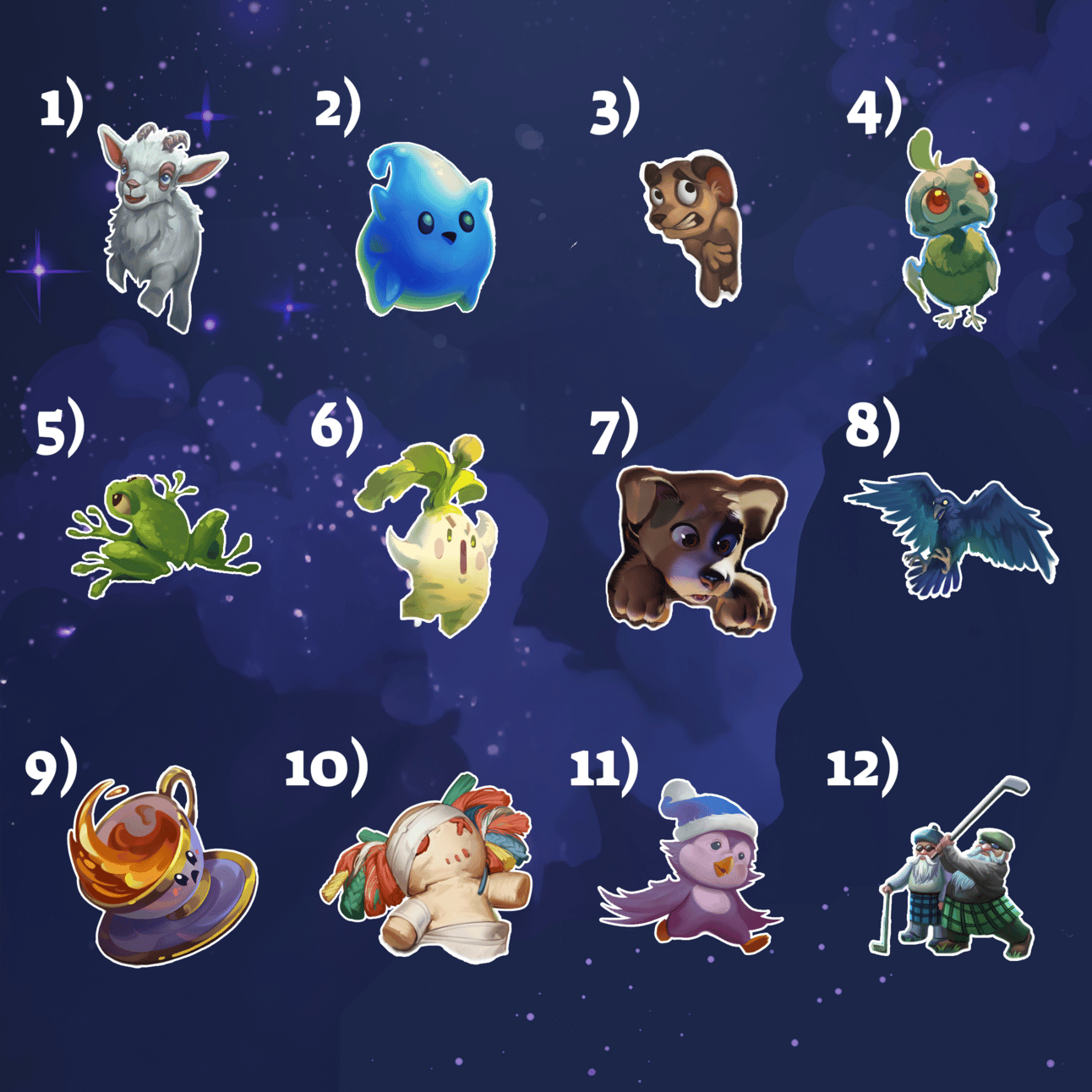 A grid of 12 small critters that fan be found in the art of the game.