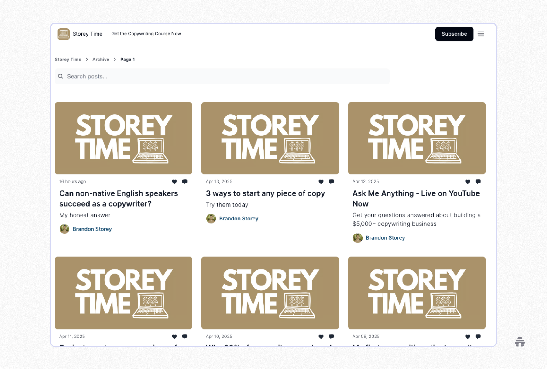 Storey Time’s beehiiv archive page showing multiple newsletter posts by Brandon Storey, including topics on copywriting tips, live Q&A sessions, and writing strategies, with a search bar and subscribe button at the top.