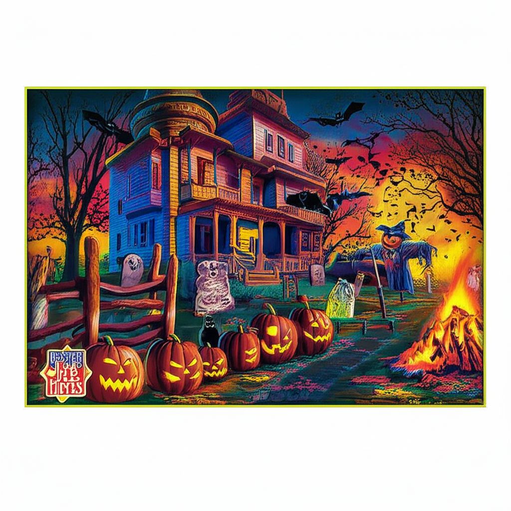 A vibrant and slightly spooky Halloween illustration featuring two stylized haunted houses with glowing windows, surrounded by numerous carved jack-o'-lanterns, playful black cats, bats flying against a dusky sky with a full moon, and a central bonfire, all set against a clean, solid white background in a landscape 16:9 aspect ratio. The style is modern and professional.
