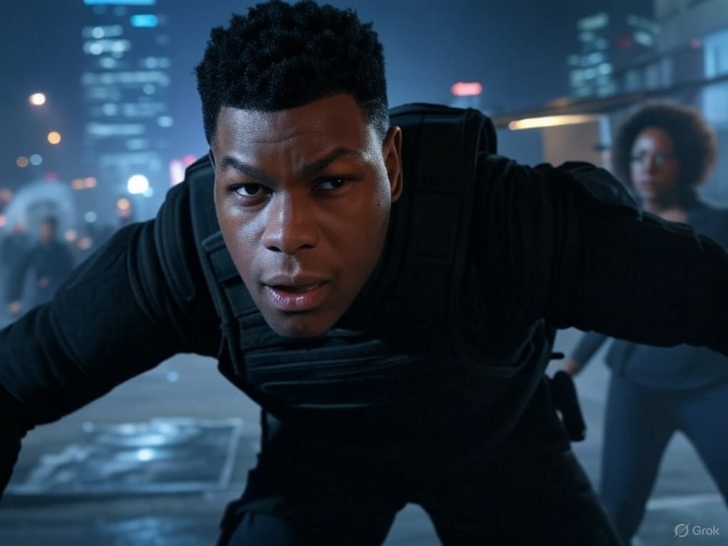 A bold, cinematic digital illustration showcasing the rise of Black-led thrillers and action films. The image should feature a montage of intense action sequences—explosions, high-speed chases, and dramatic standoffs—with Black lead actors in dynamic, powerful poses. Include elements like urban cityscapes, film cameras, and neon-lit backdrops to evoke a modern thriller aesthetic. Incorporate characters resembling action heroes such as Denzel Washington, Viola Davis, and John Boyega, alongside an independent filmmaker directing on set, representing the rise of indie films like Allies. The overall tone should be high-energy, intense, and visually striking, embodying the power and impact of Black-led action cinema.