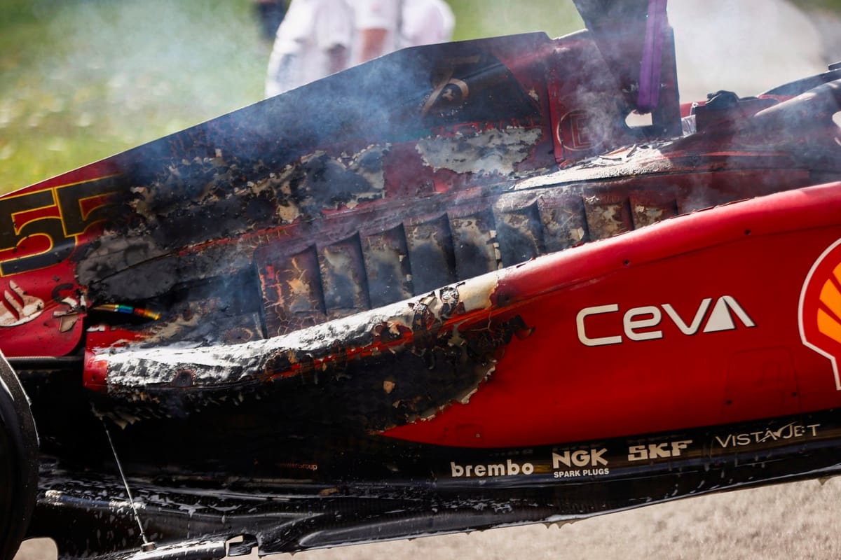 fire damage on Carlos Sainz's ferrari