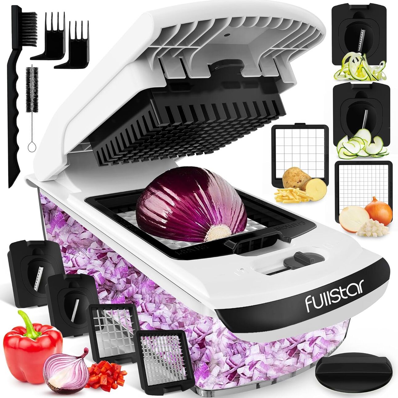 Fullstar Vegetable Chopper – A durable, multi-blade vegetable chopper with diced onions and peppers inside. The clear container sits on a cutting board surrounded by colorful produce, showcasing fast, mess-free prep.