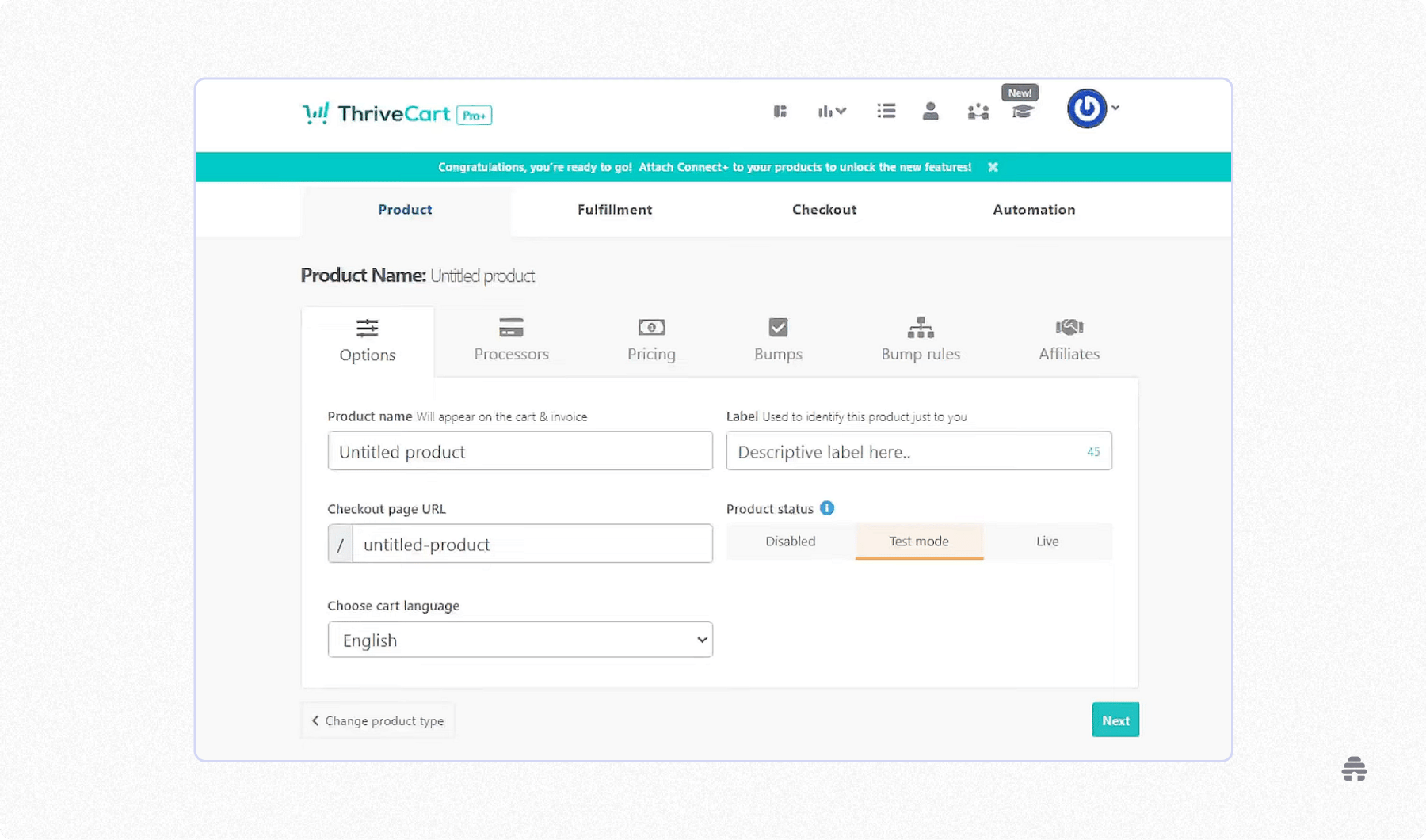 ThriveCart Pro product setup dashboard showing options to configure product name, pricing, checkout URL, and sales settings for a digital product.