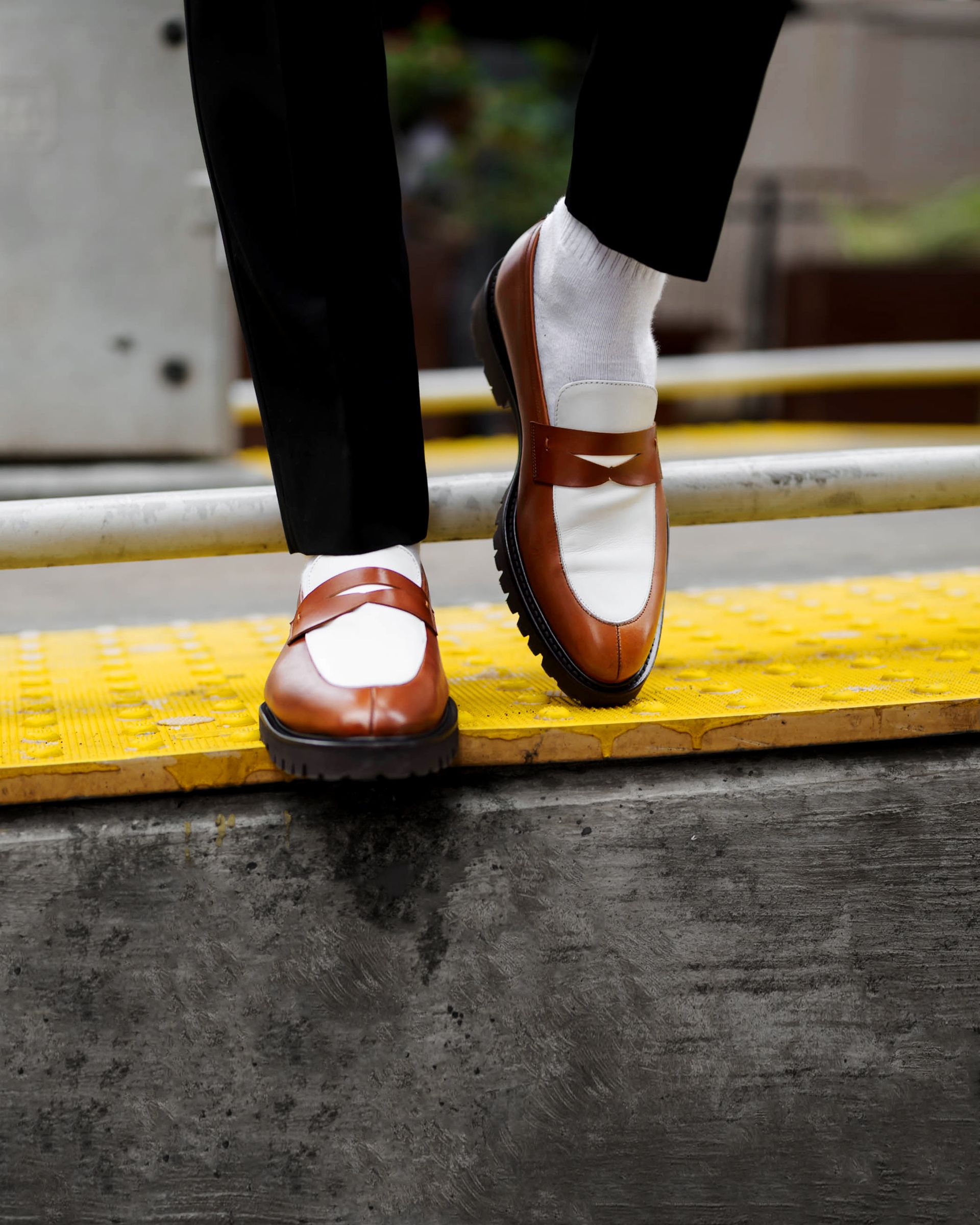 Southern Gents brown + white lug sole penny loafers
